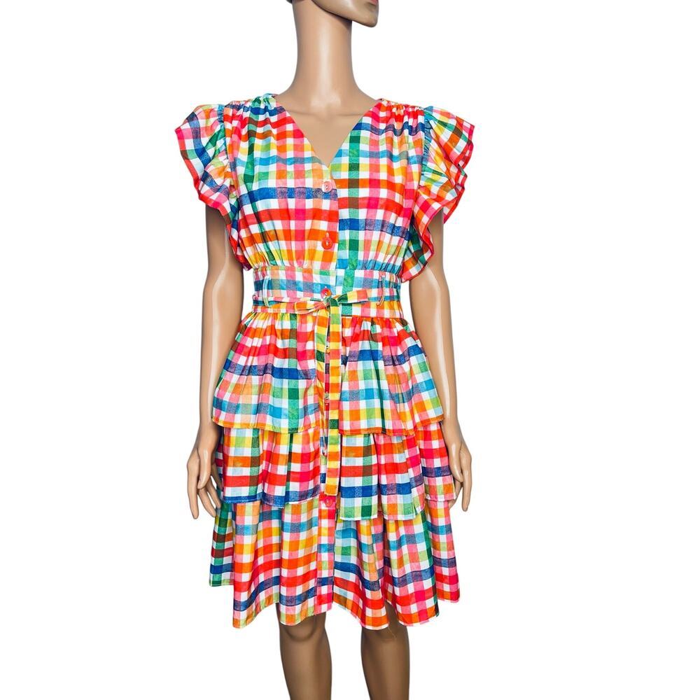 Beulah Style Ruffle Sleeve Gingham Tiered Dress size M